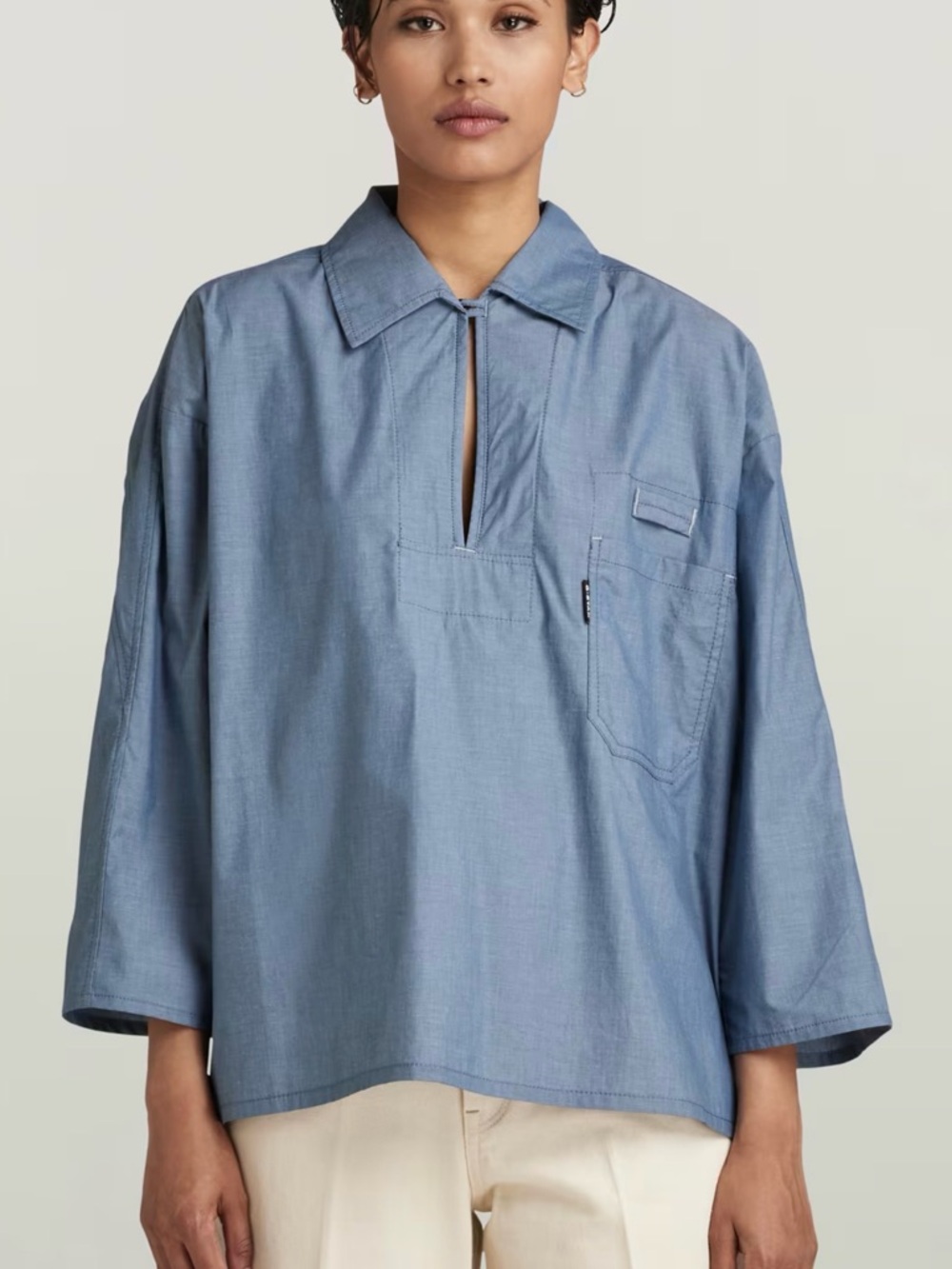 G STAR RAW BOWLING POLO Light Blue Pullover Shirt Front Pocket CHAMBRAY NEW Lg